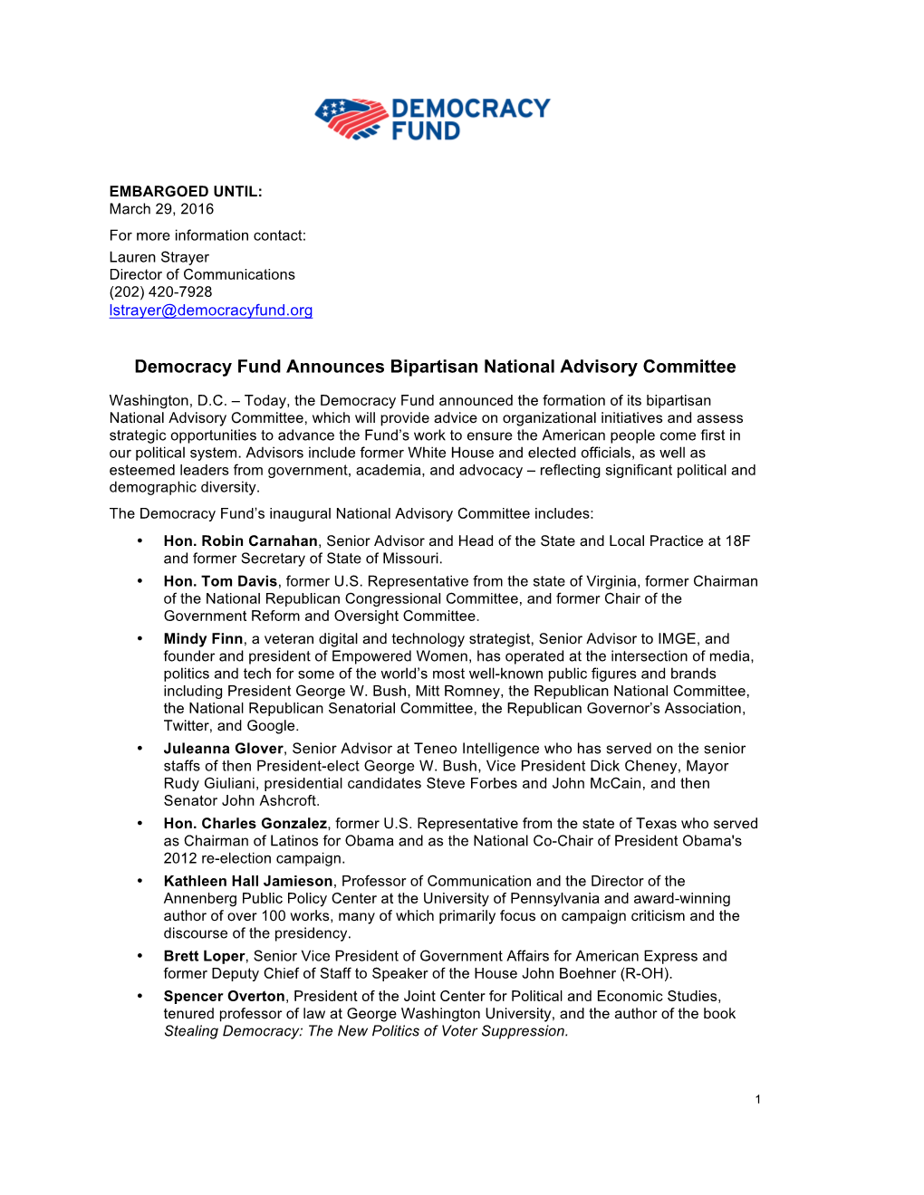 Democracy Fund Announces Bipartisan National Advisory Committee