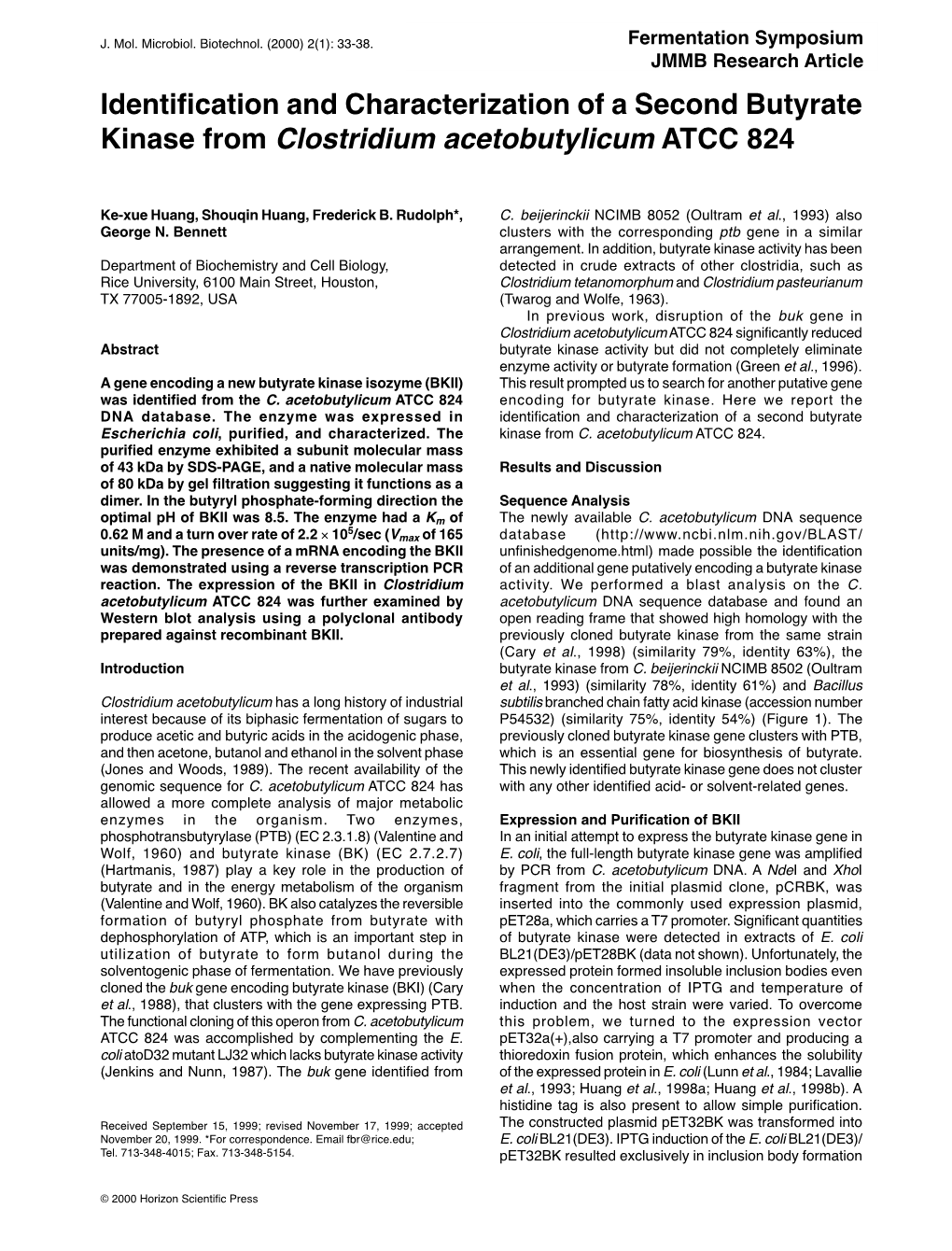 Identification and Characterization of a Second Butyrate Kinase from Clostridium Acetobutylicum ATCC 824