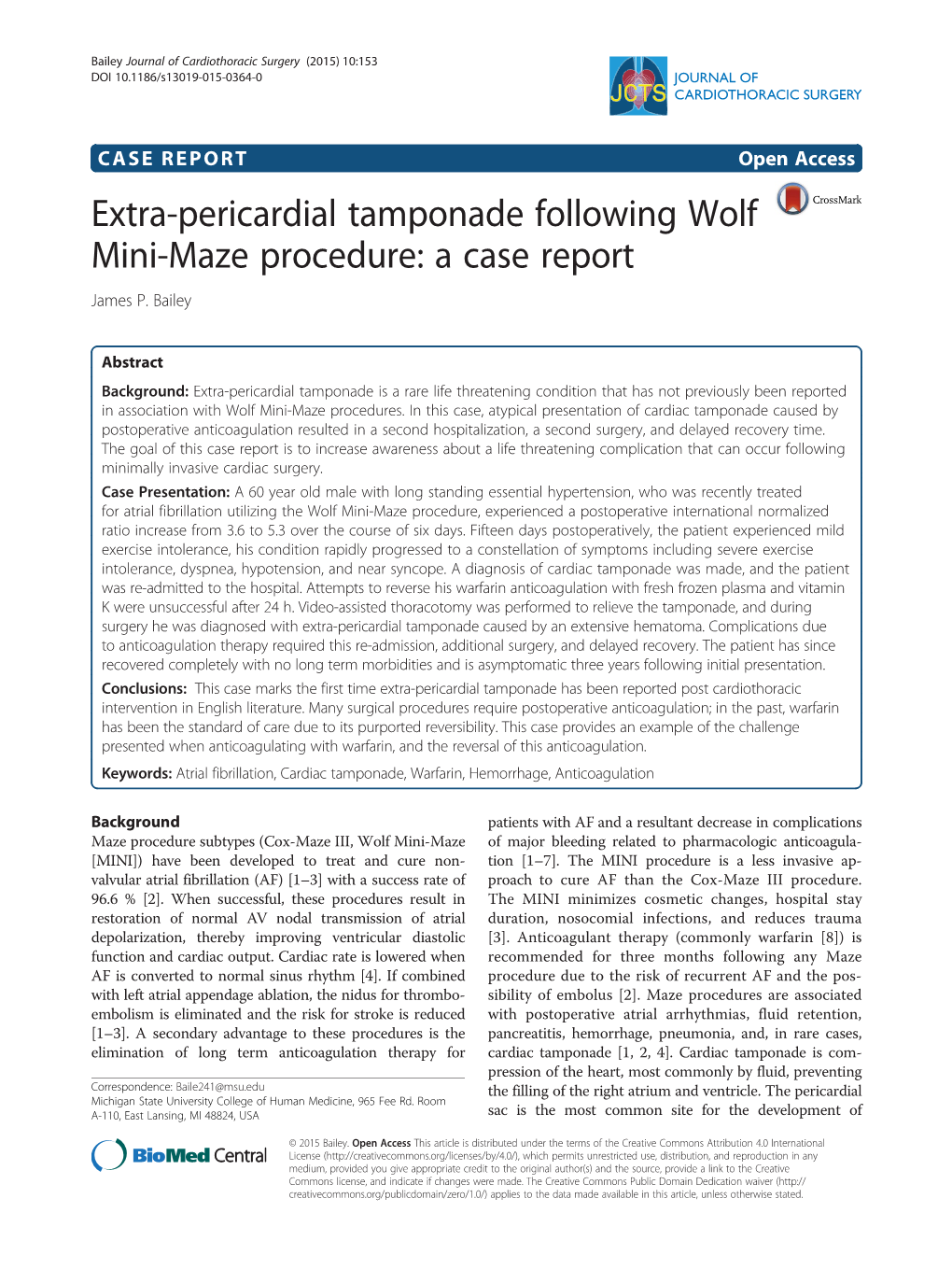 Extra-Pericardial Tamponade Following Wolf Mini-Maze Procedure: a Case Report James P