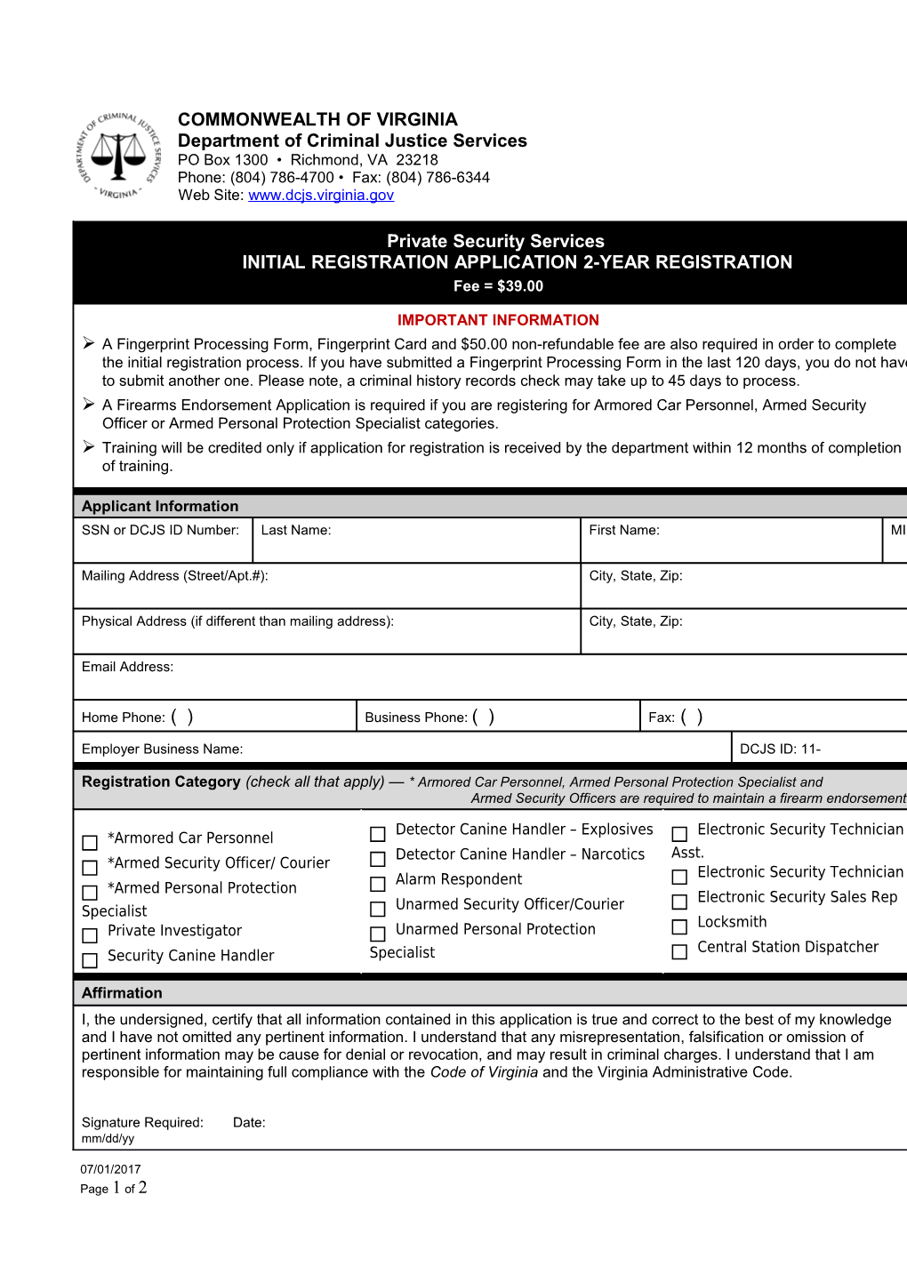 Private Security Services INITIAL REGISTRATION APPLICATION 2-YEAR REGISTRATION