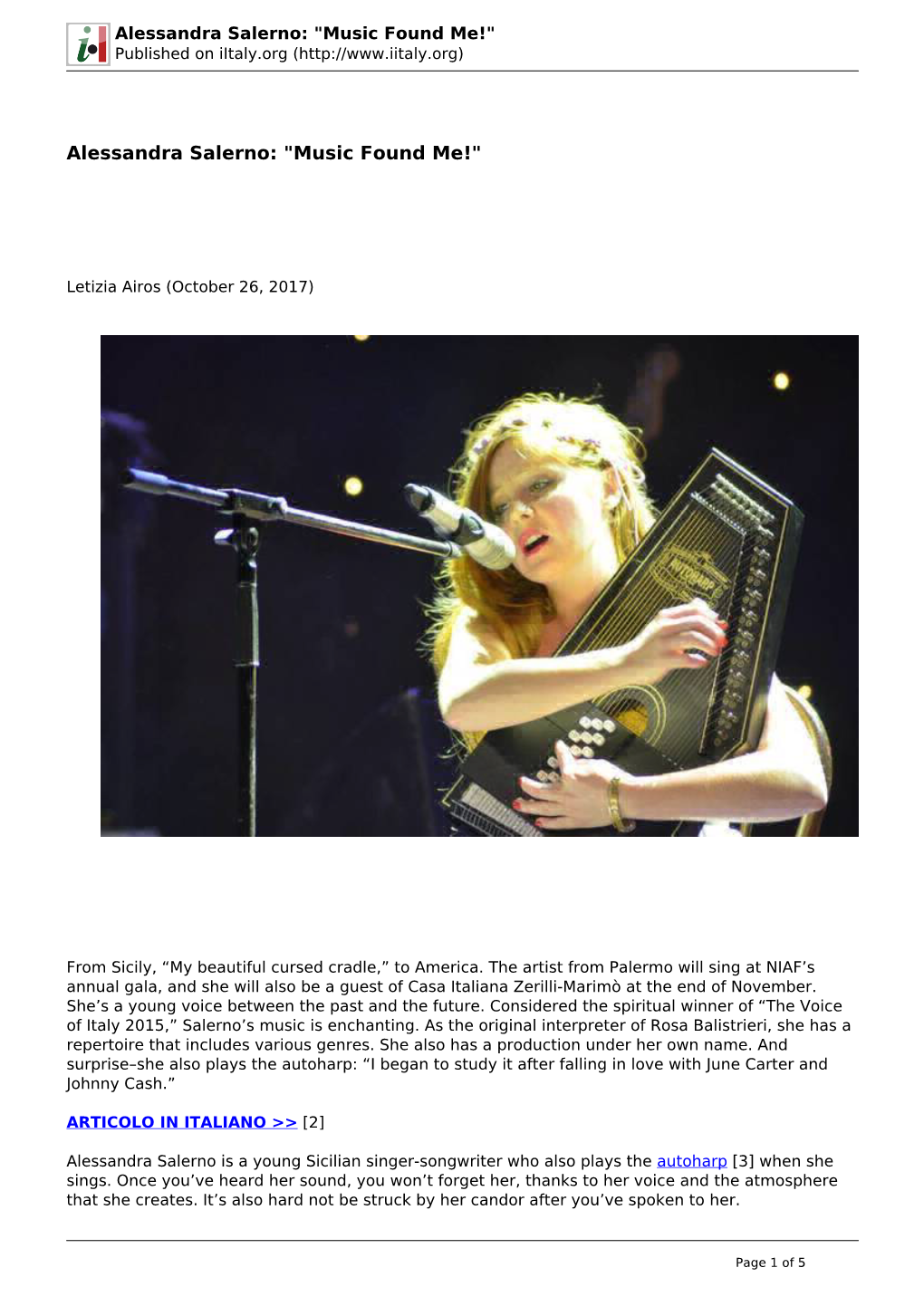 Alessandra Salerno: "Music Found Me!" Published on Iitaly.Org (