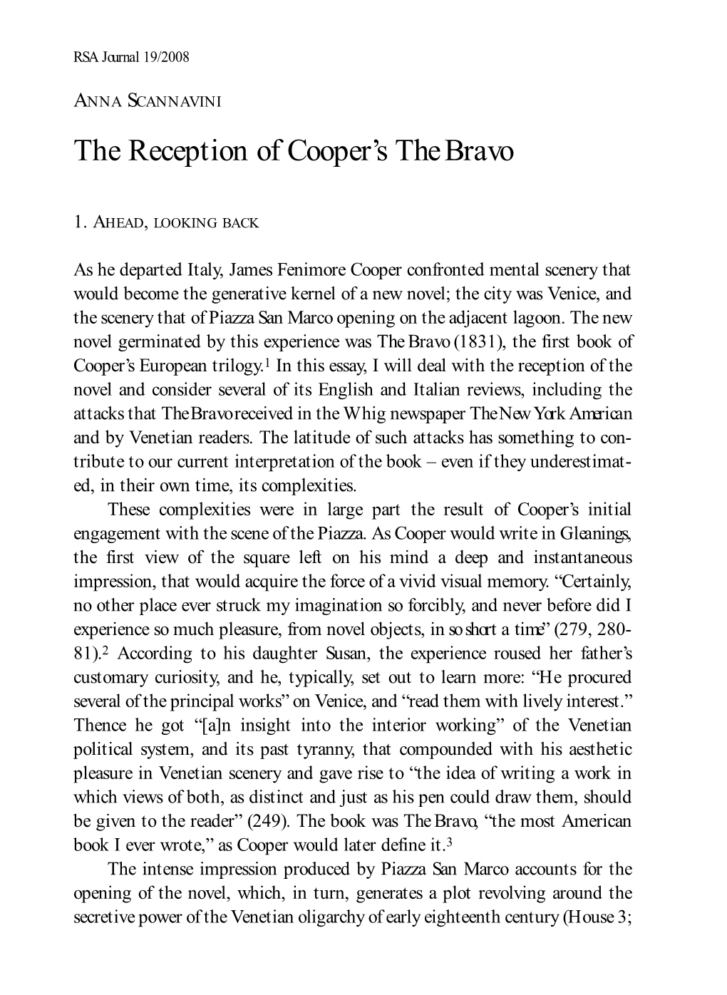 The Reception of Cooper's the Bravo