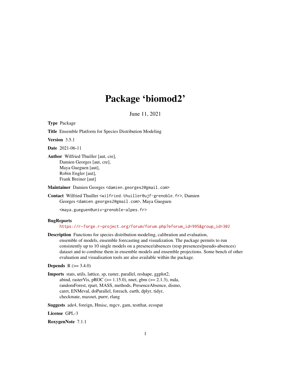 Biomod2: Ensemble Platform for Species Distribution Modeling