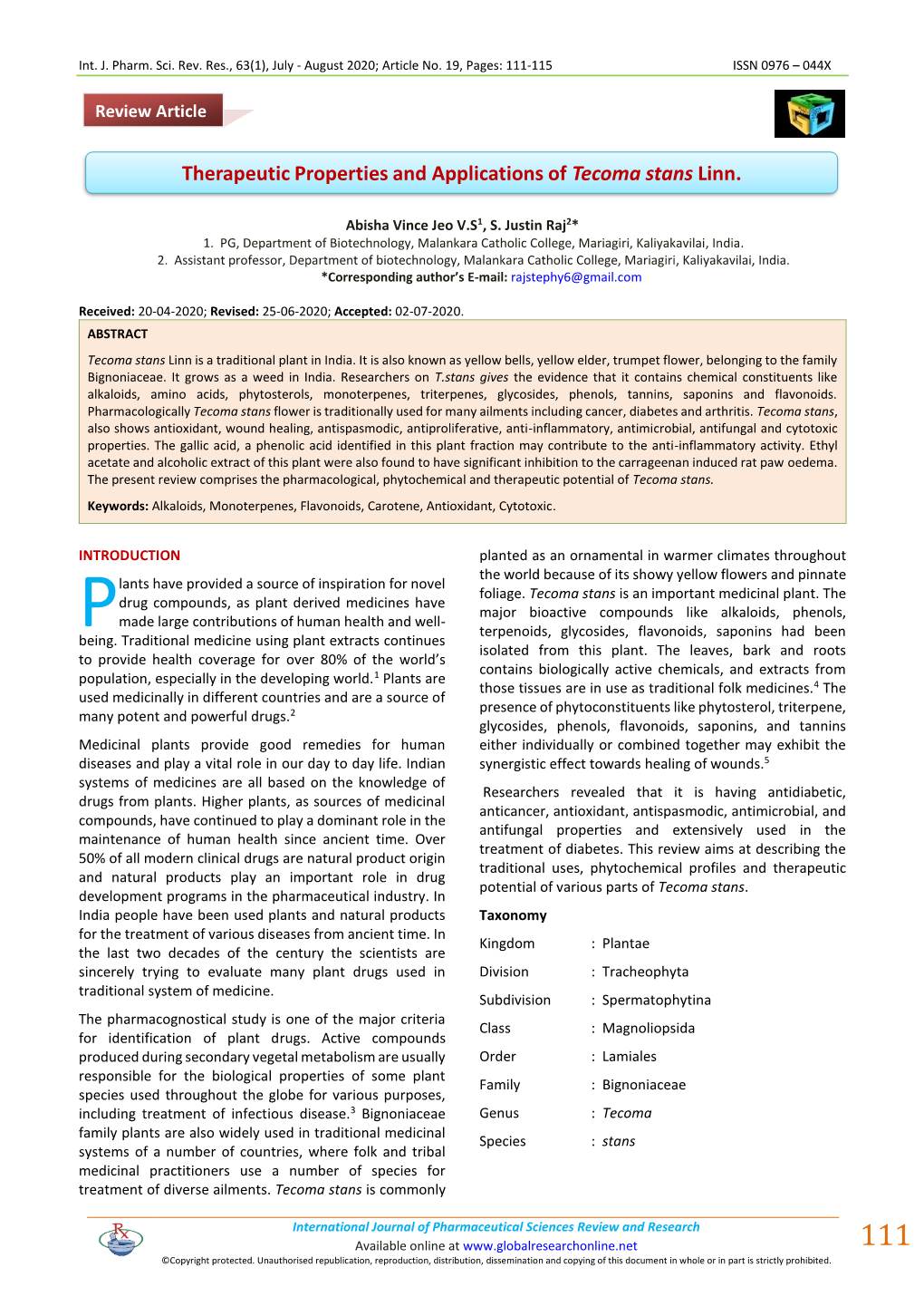 Therapeutic Properties and Applications of Tecoma Stans Linn