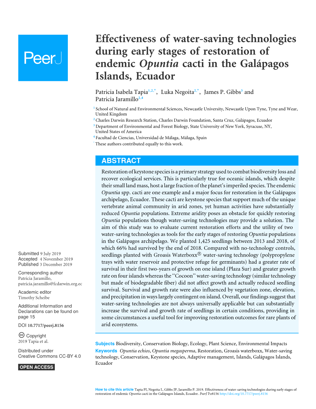Effectiveness of Water-Saving Technologies During Early Stages of Restoration of Endemic Opuntia Cacti in the Galápagos Islands, Ecuador