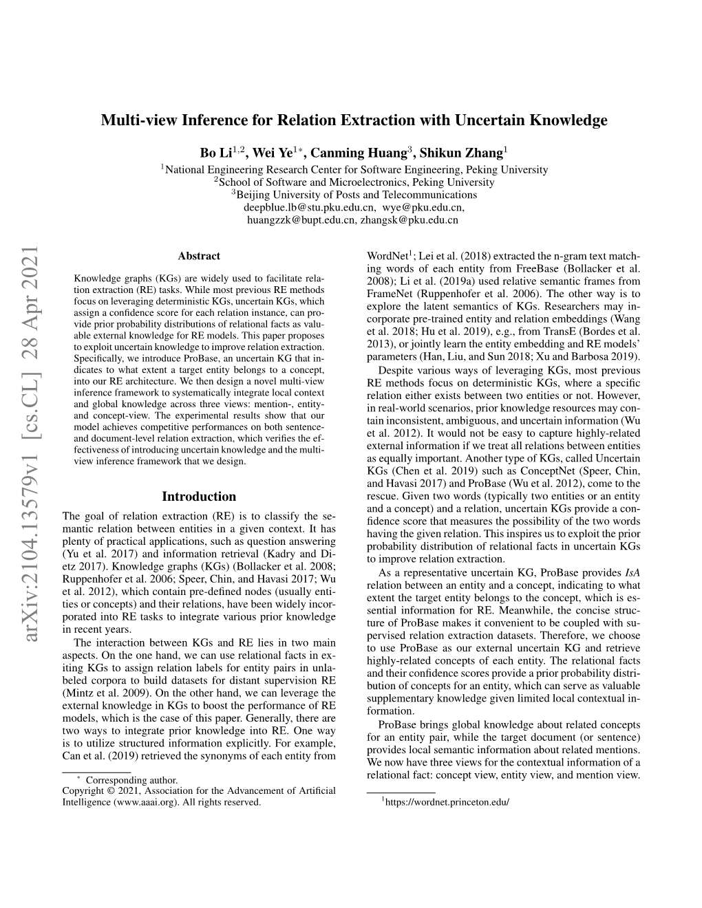 Multi-View Inference for Relation Extraction with Uncertain Knowledge