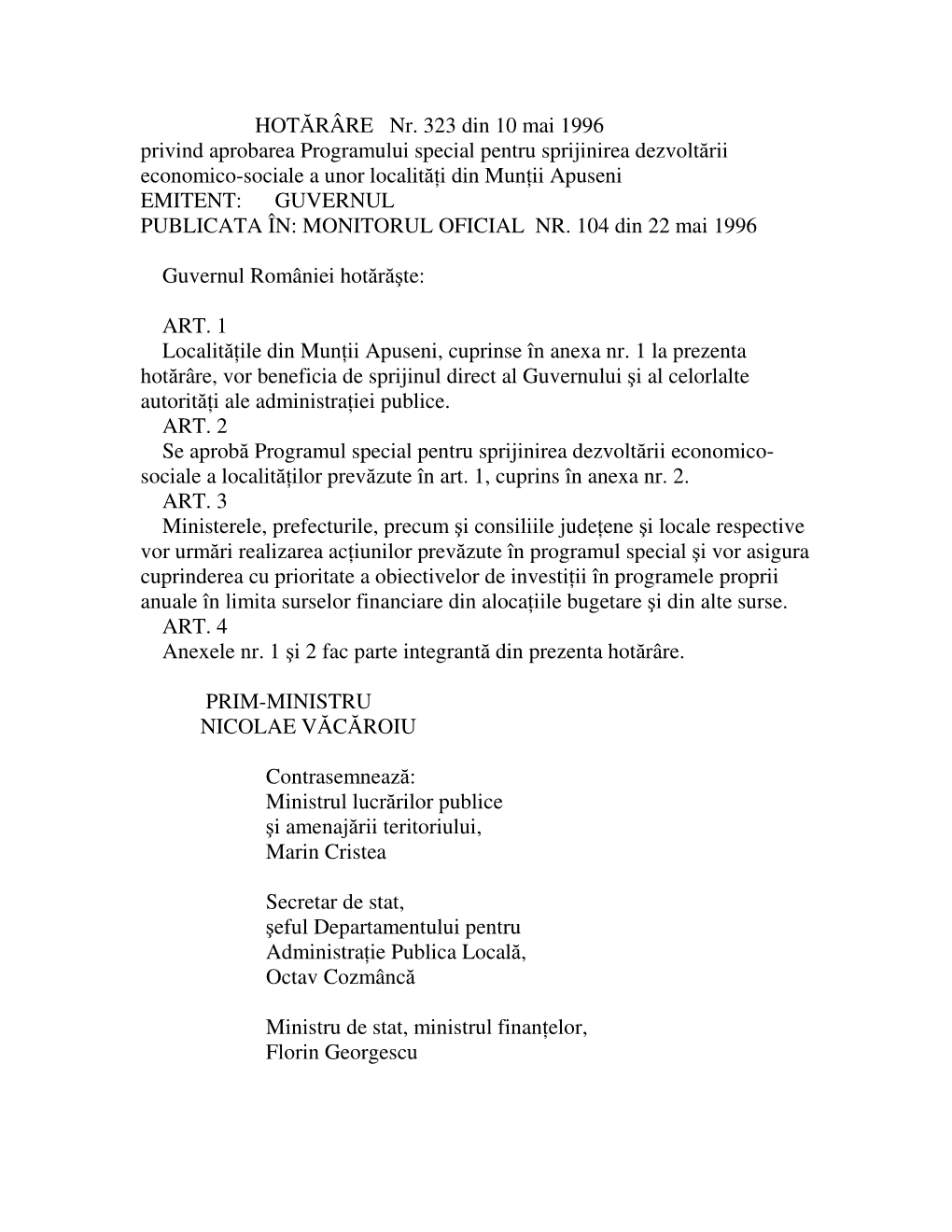 HOTĂRÂRE Nr. 323 Din 10 Mai 1996 Privind Aprobarea Programului Special Pentru Sprijinirea Dezvoltării Economico-Sociale