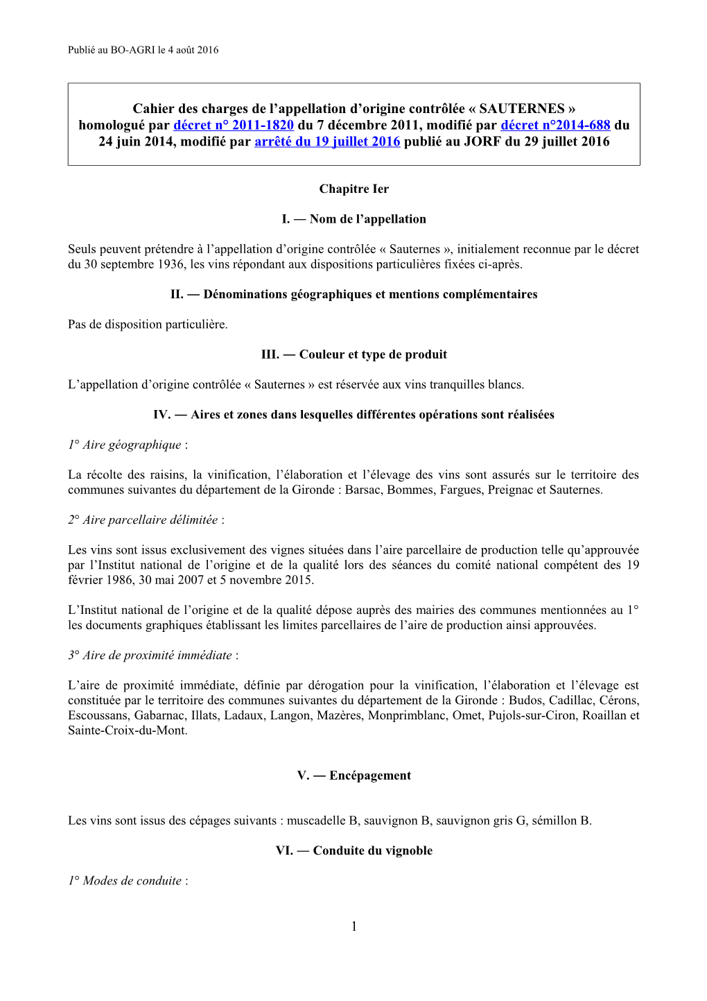 Cahier Des Charges De L'appellation D'origine Contrôlée Sauternes