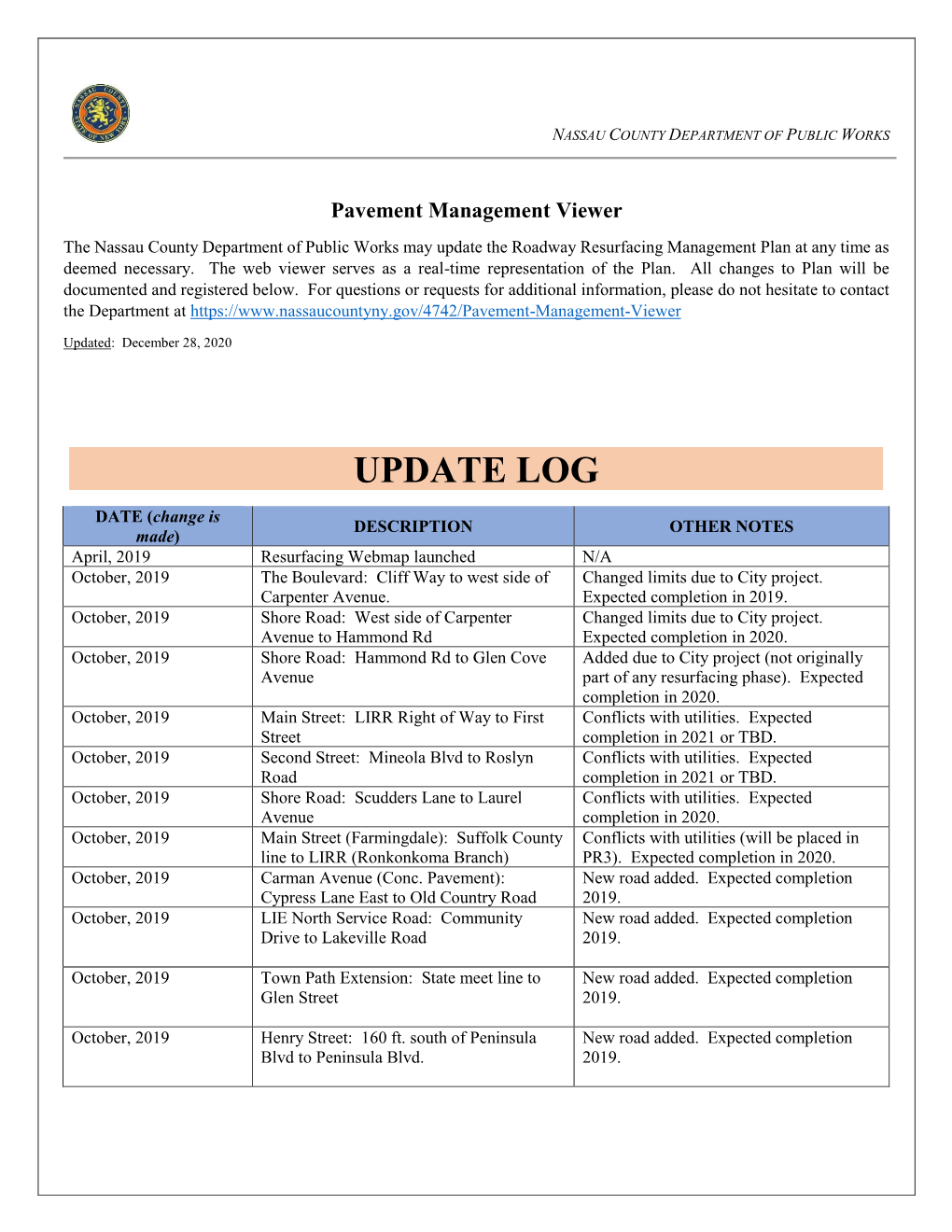 Update the Roadway Resurfacing Management Plan at Any Time As Deemed Necessary