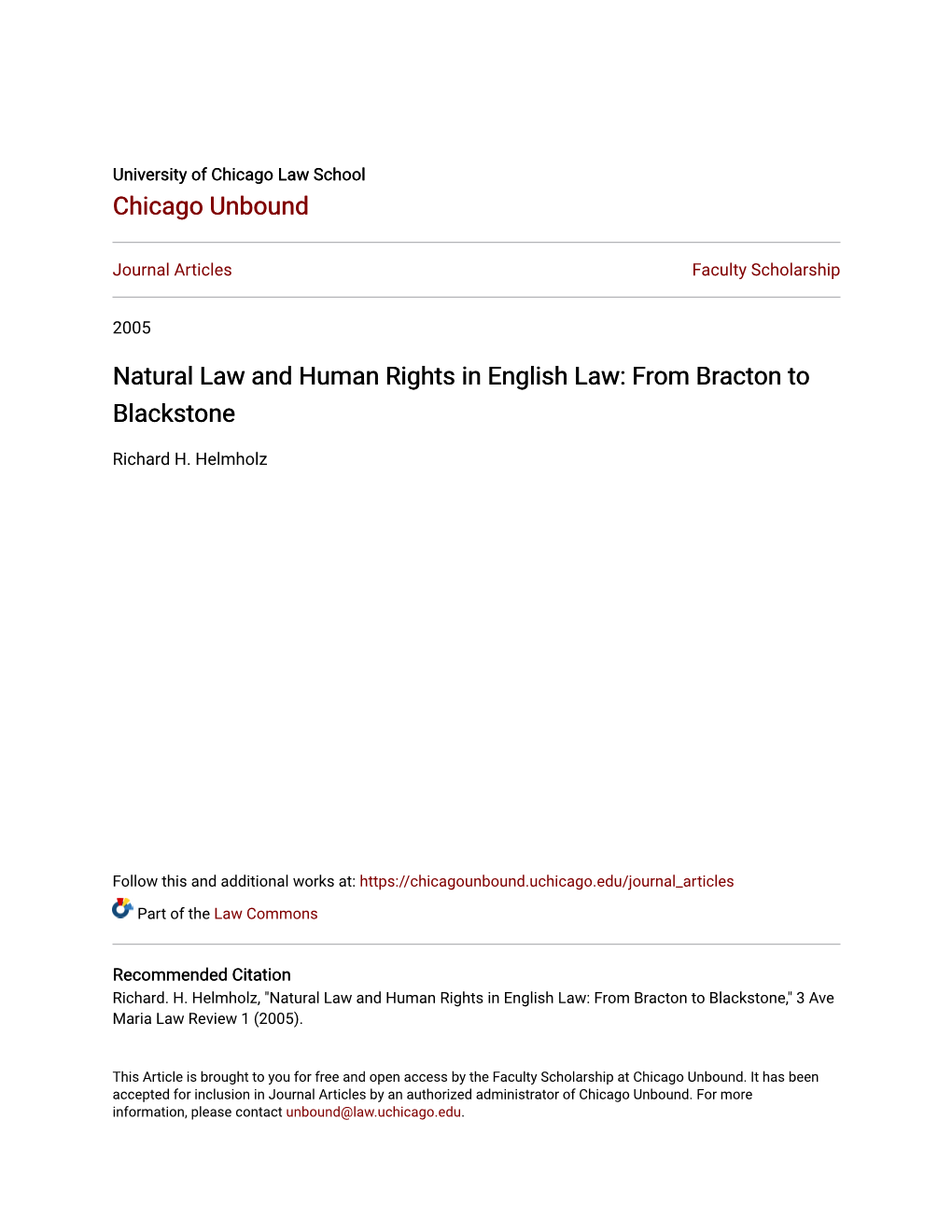 Natural Law and Human Rights in English Law: from Bracton to Blackstone