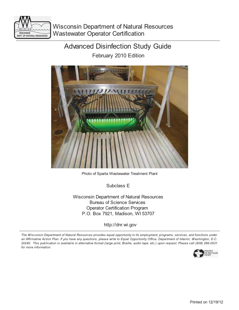 Wastewater Operator Certification Advanced Disinfection Study Guide February 2010 Edition