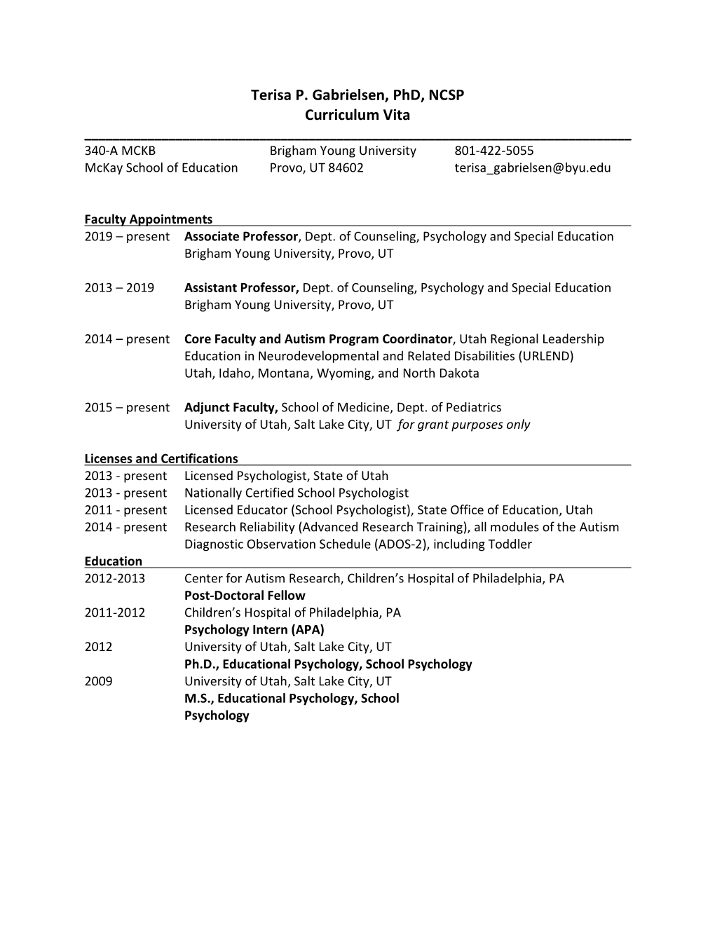 Terisa P. Gabrielsen, Phd, NCSP Curriculum Vita