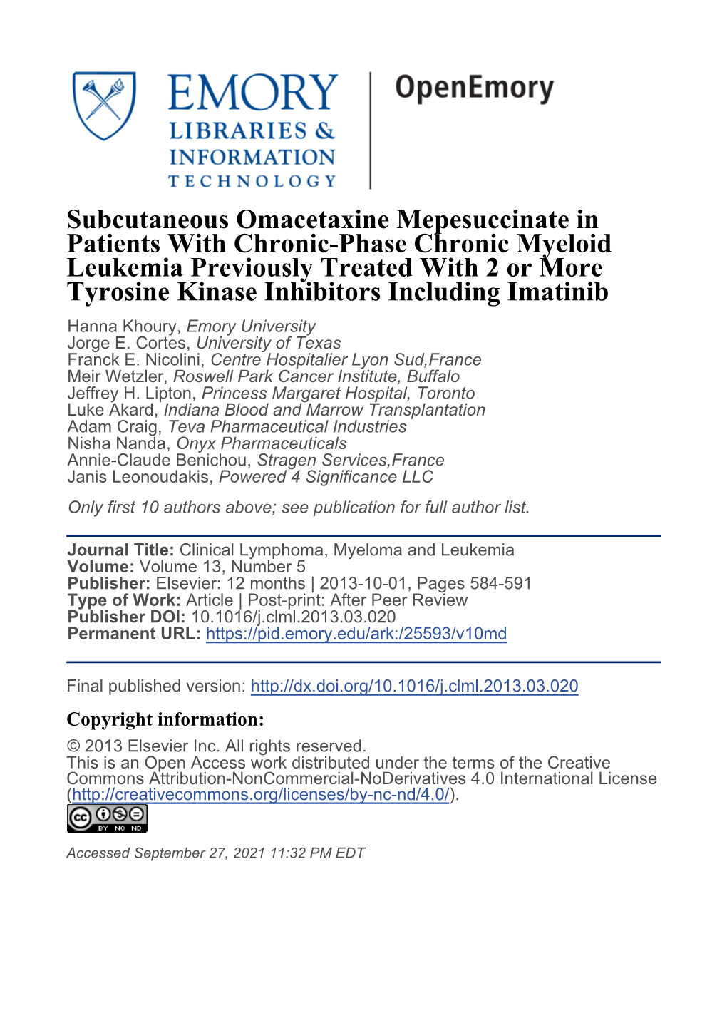 Subcutaneous Omacetaxine Mepesuccinate in Patients With