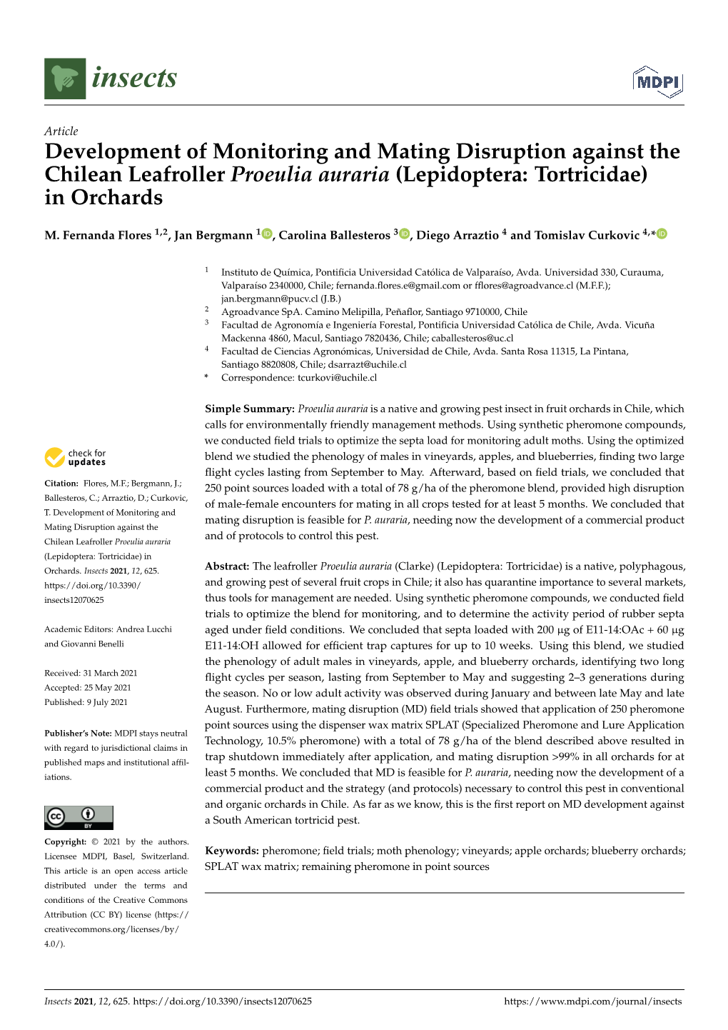 Development of Monitoring and Mating Disruption Against the Chilean Leafroller Proeulia Auraria (Lepidoptera: Tortricidae) in Orchards