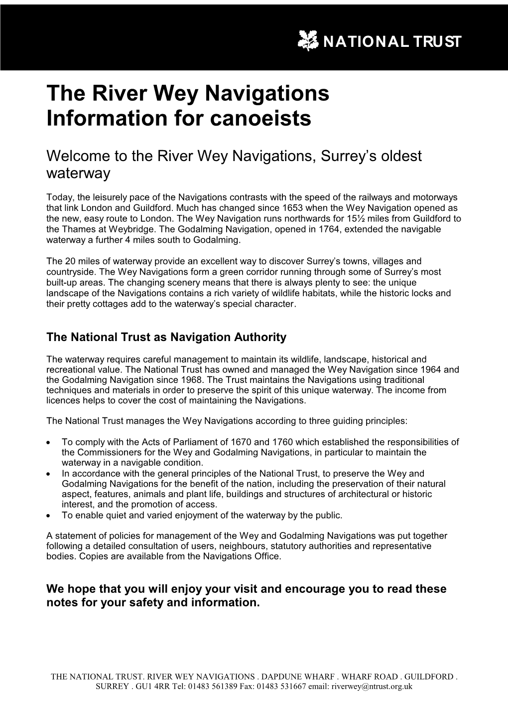 The River Wey Navigations Information for Canoeists