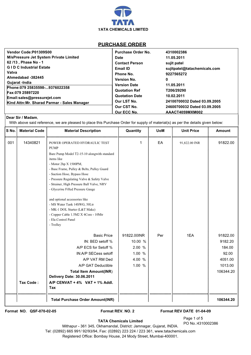 PURCHASE ORDER Vendor Code:P01309S00 Purchase Order No