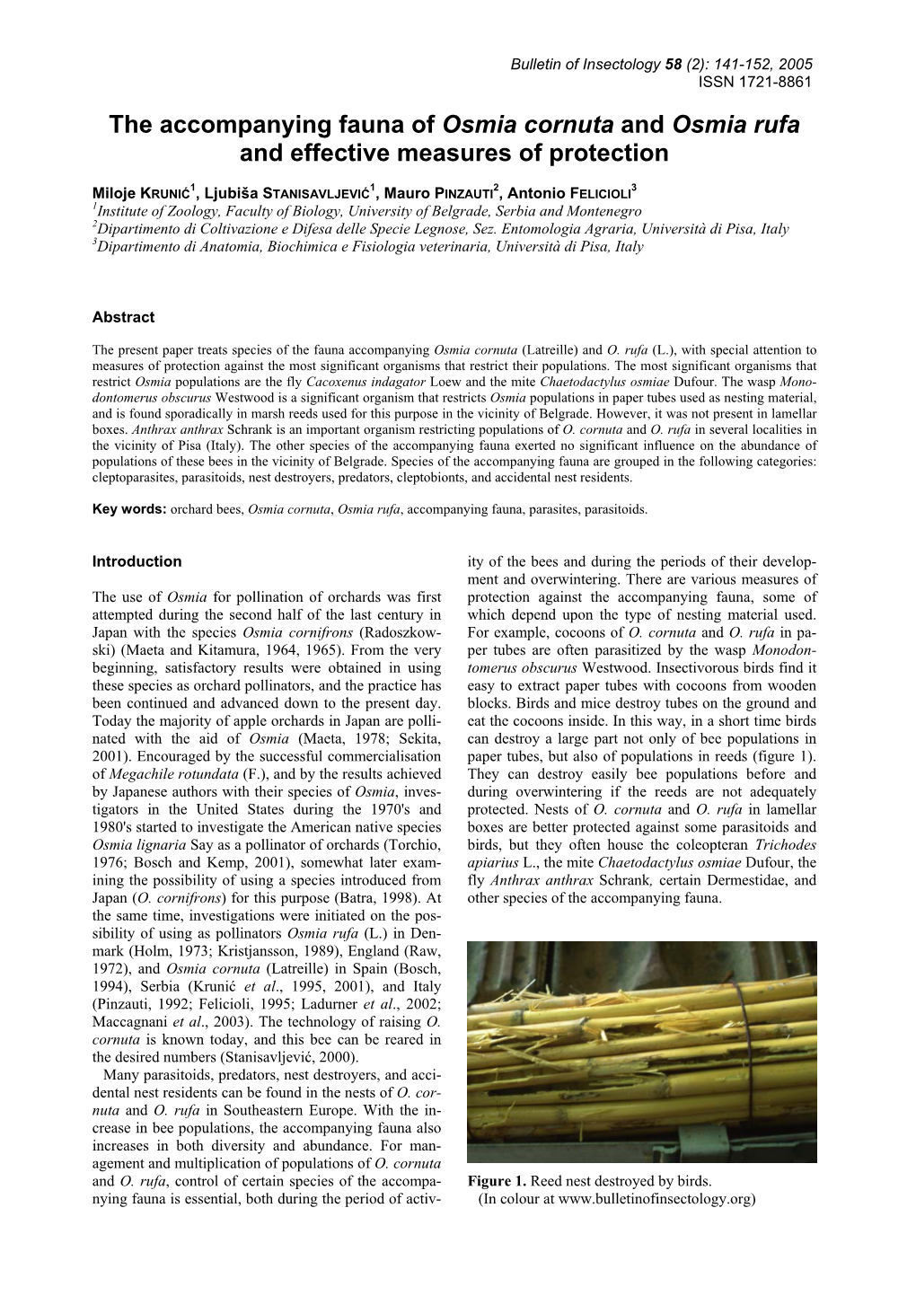 The Accompanying Fauna of Osmia Cornuta and Osmia Rufa and Effective Measures of Protection