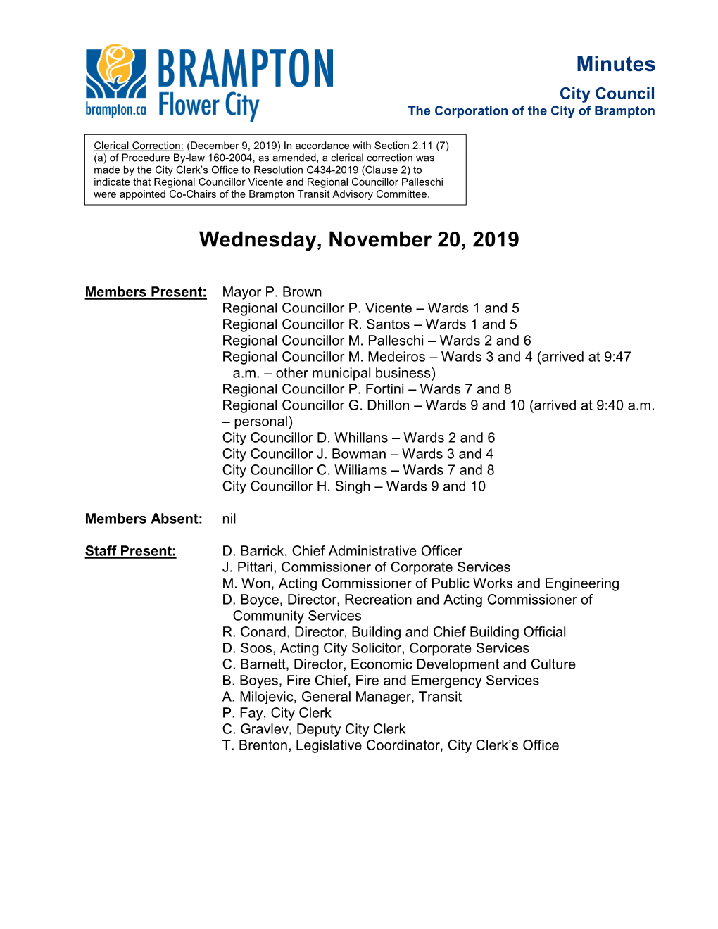 City Council Minutes for November 20, 2019
