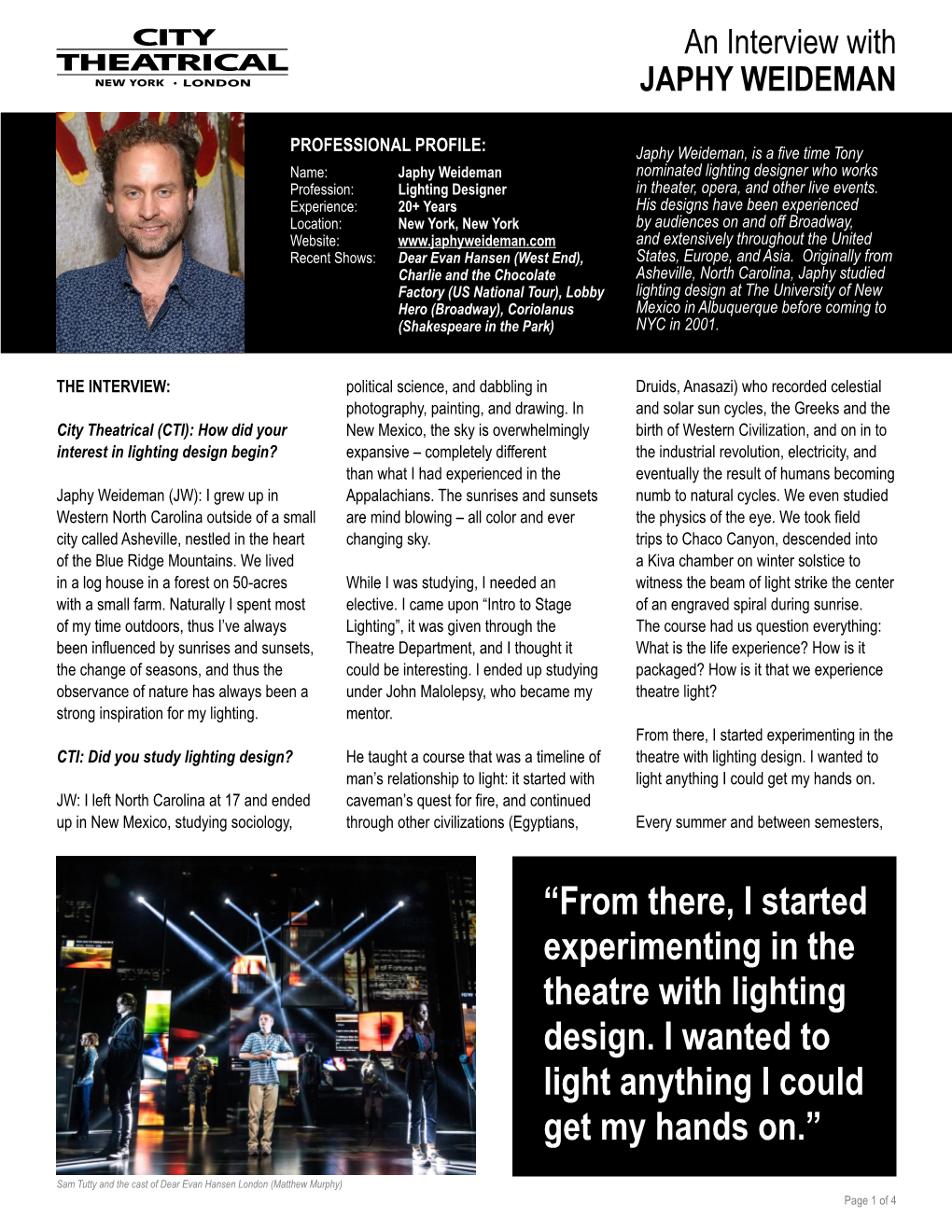 City Theatrical Interview with Lighting Designer Japhy Weideman