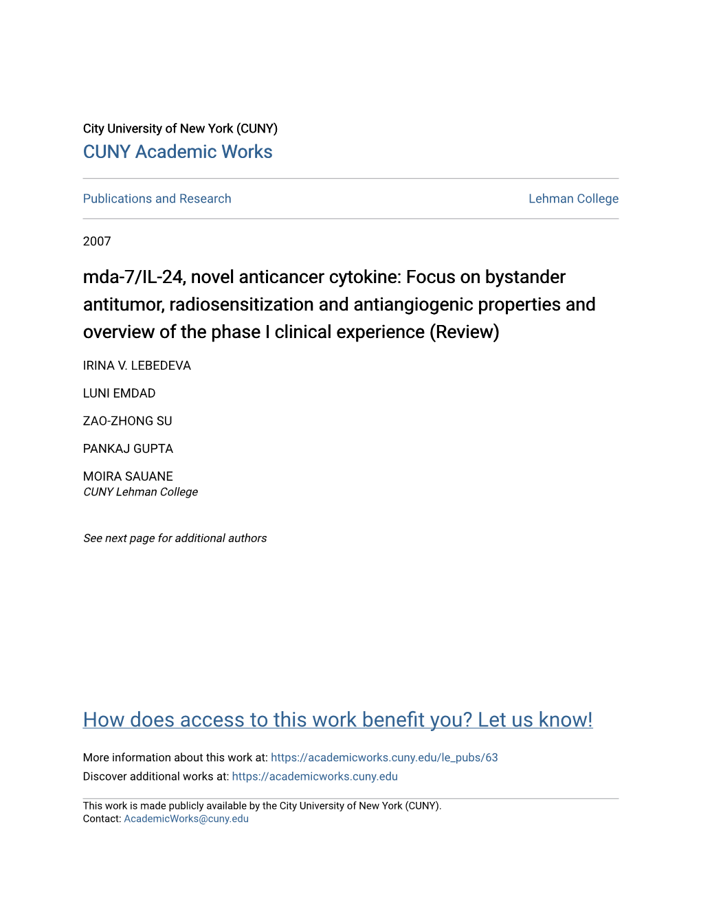 Mda-7/IL-24, Novel Anticancer Cytokine