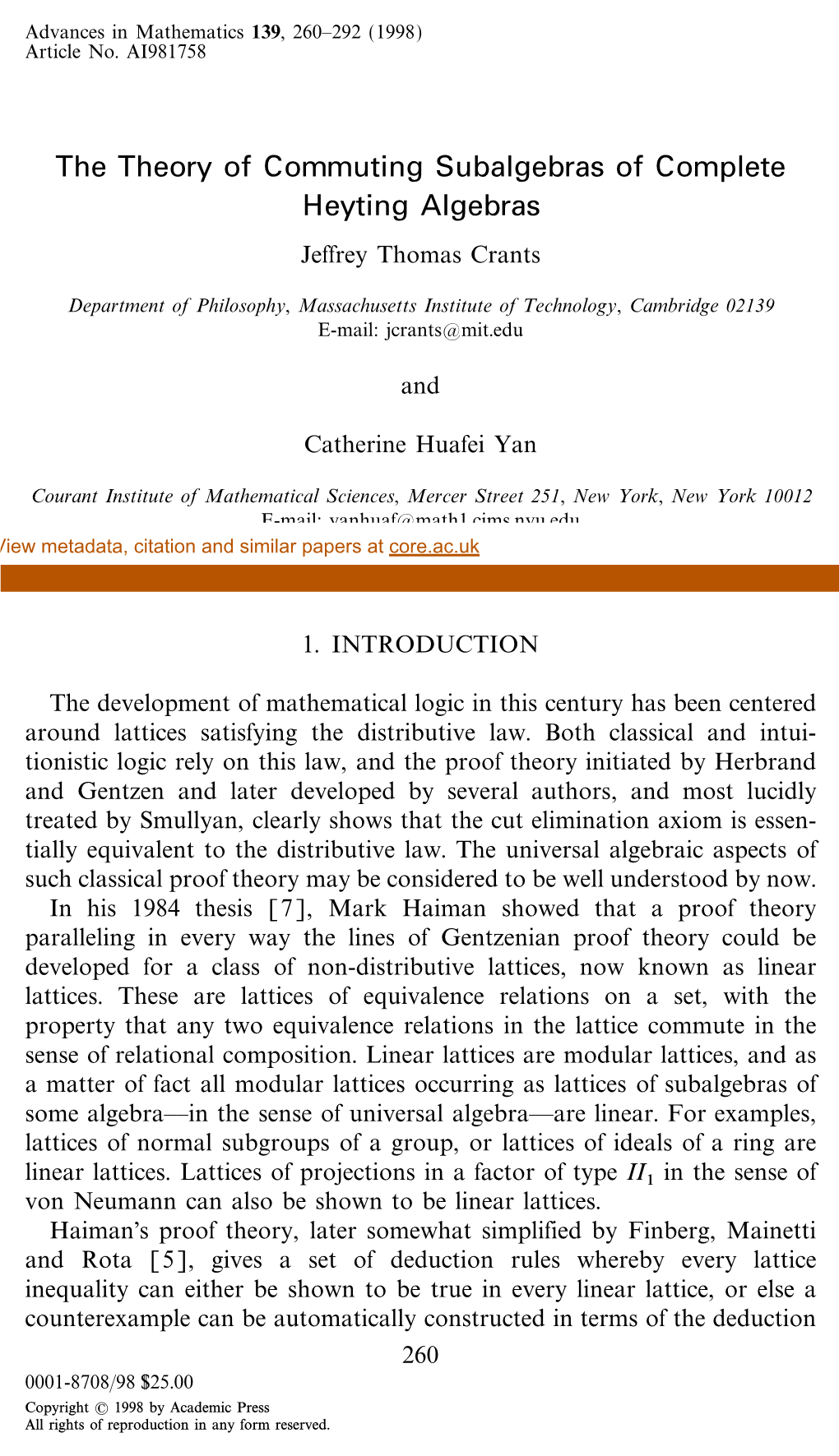 The Theory of Commuting Subalgebras of Complete Heyting Algebras Jeffrey Thomas Crants