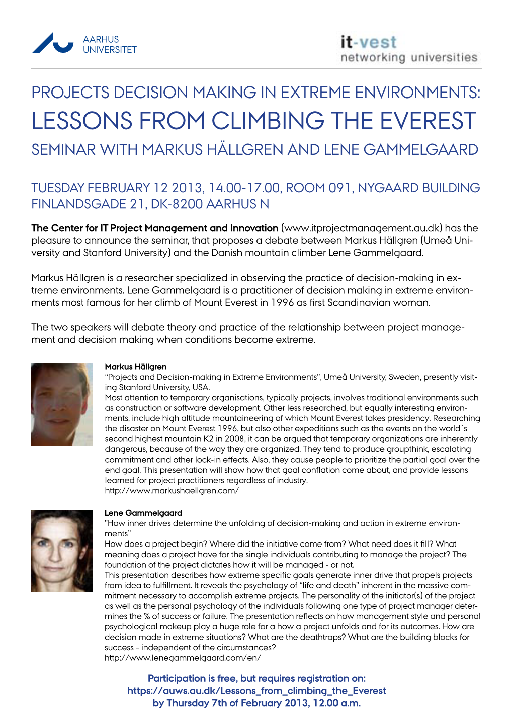 Lessons from Climbing the Everest Seminar with Markus Hällgren and Lene Gammelgaard