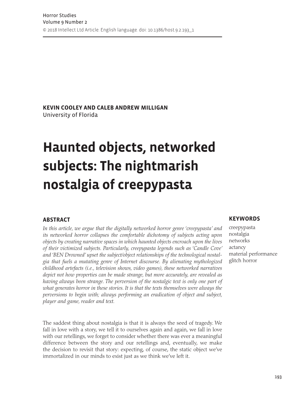 Haunted Objects, Networked Subjects: the Nightmarish Nostalgia of Creepypasta