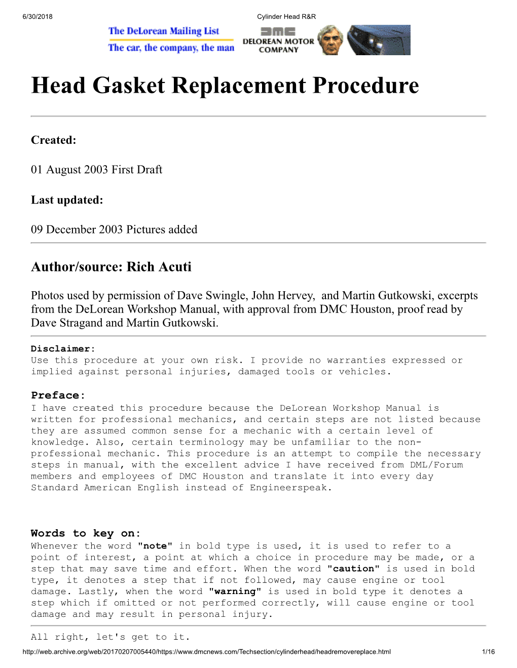 Head Gasket Replacement Procedure