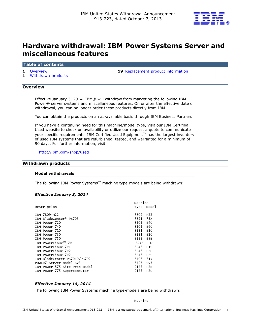 Hardware Withdrawal: IBM Power Systems Server and Miscellaneous Features