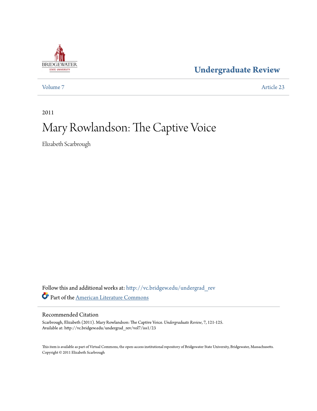 Mary Rowlandson: the Captive Voice