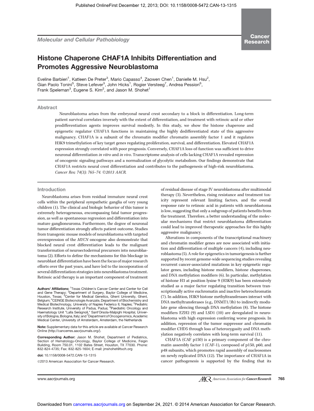 Histone Chaperone CHAF1A Inhibits Differentiation and Promotes Aggressive Neuroblastoma