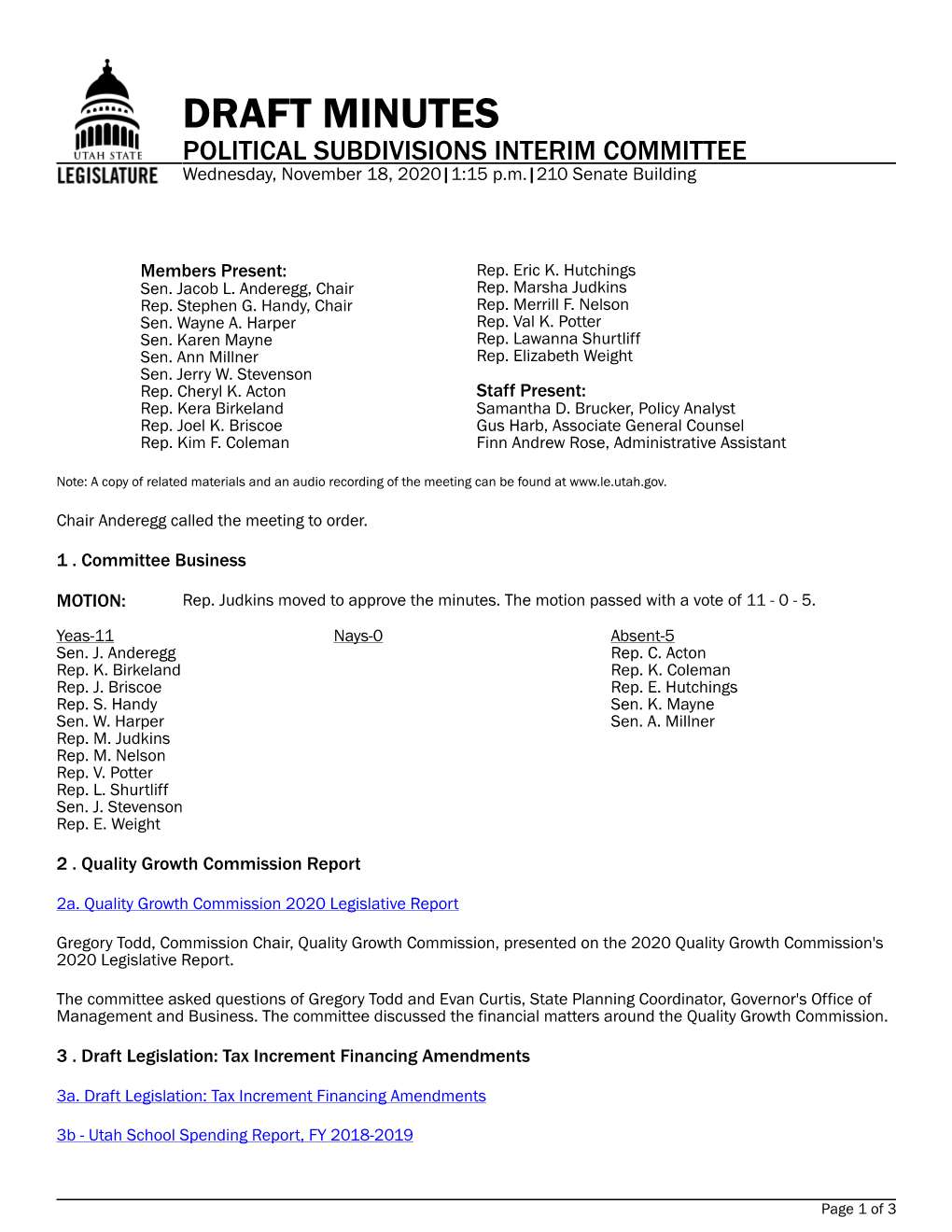 DRAFT MINUTES POLITICAL SUBDIVISIONS INTERIM COMMITTEE Wednesday, November 18, 2020|1:15 P.M.|210 Senate Building