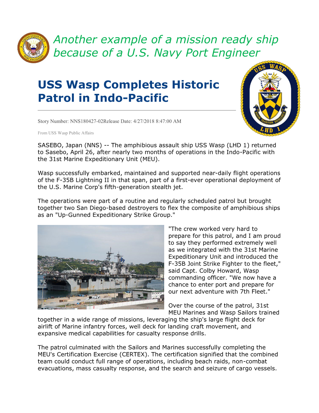 USS Wasp Completes Historic Patrol in Indo-Pacific