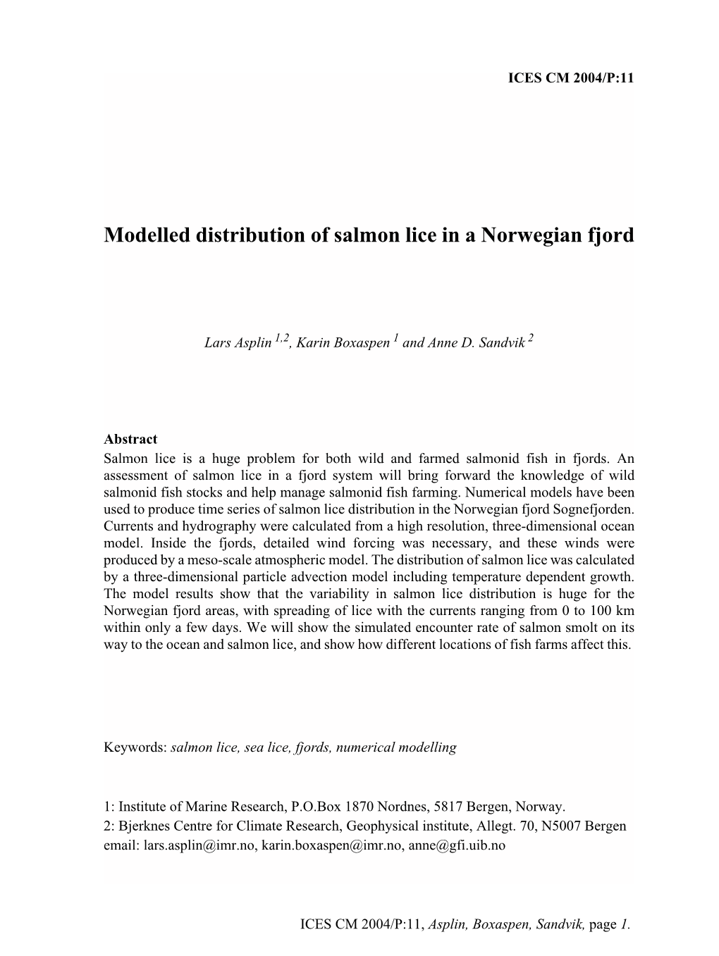 Modelled Distribution of Salmon Lice in a Norwegian Fjord. ICES CM 2004/P