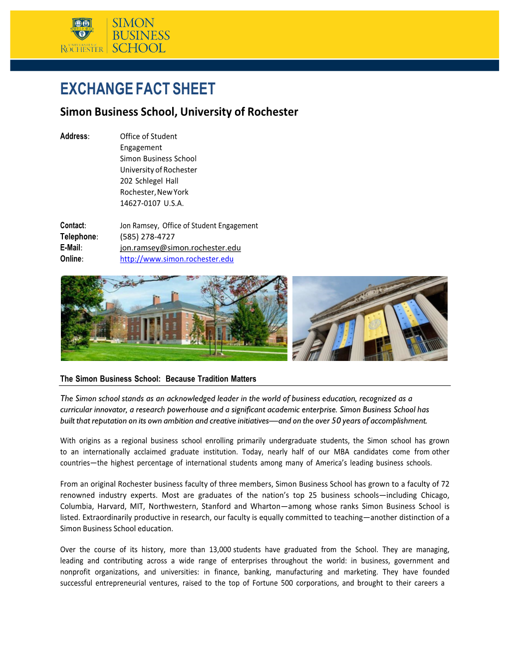 EXCHANGE FACT SHEET Simon Business School, University of Rochester