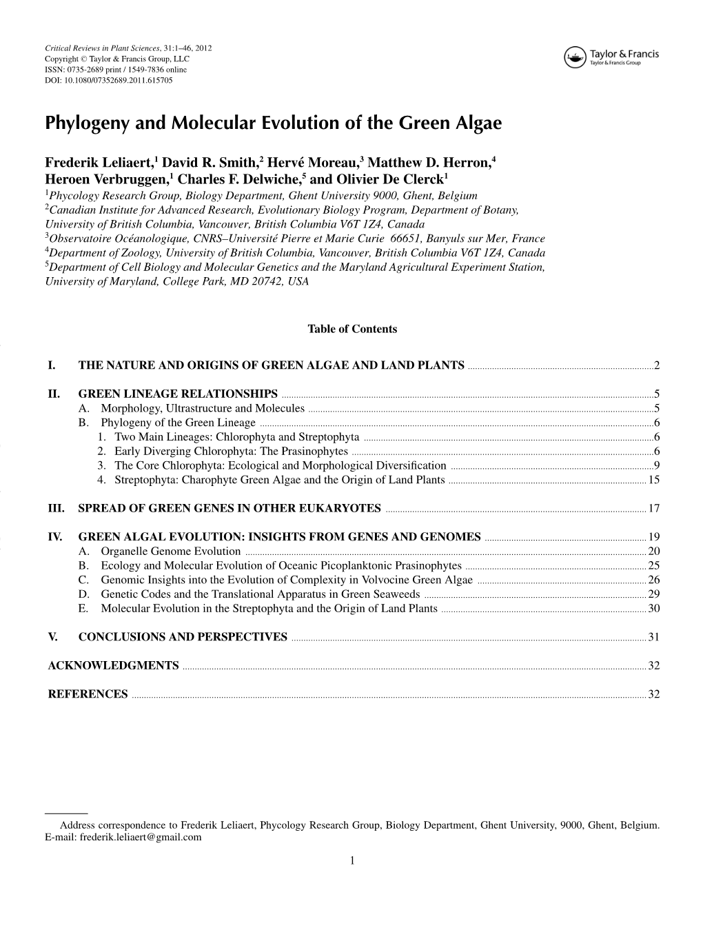 Phylogeny and Molecular Evolution of the Green Algae