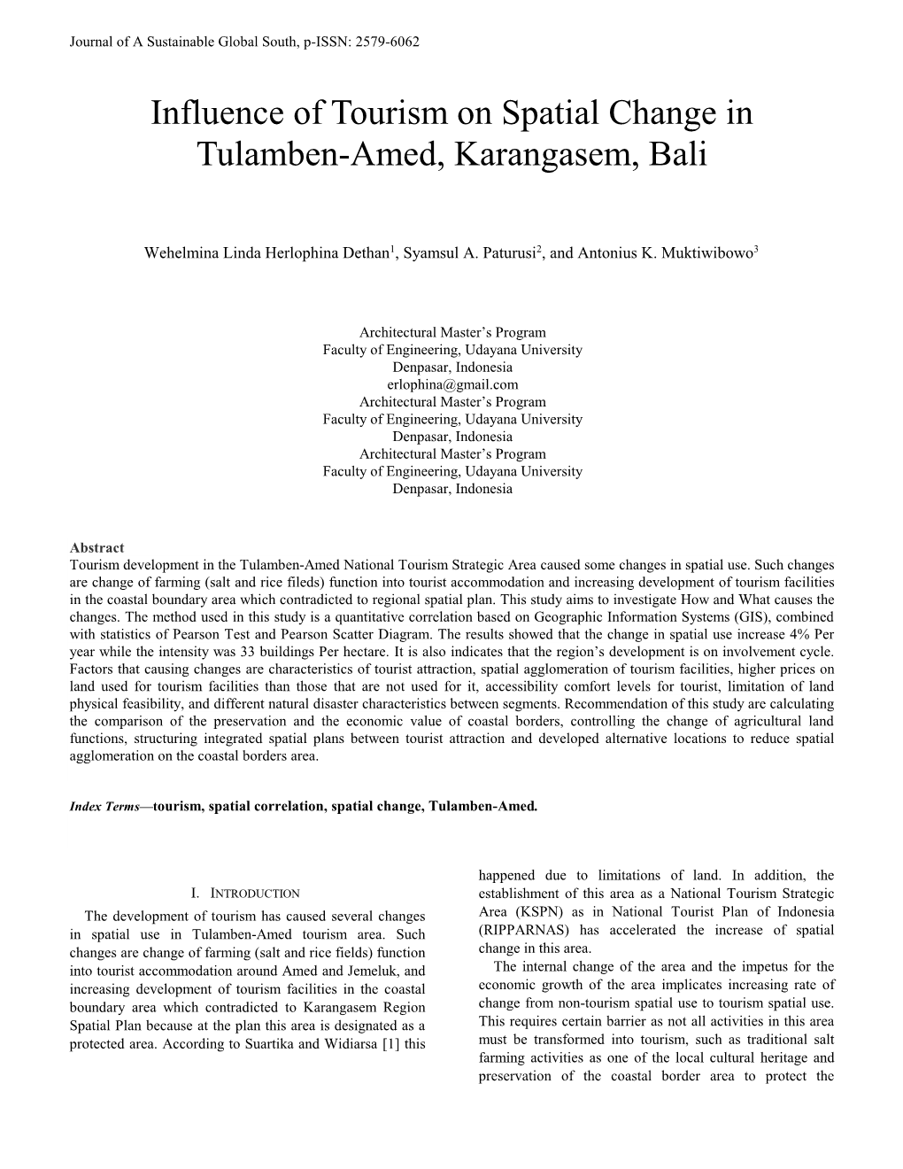 Influence of Tourism on Spatial Change in Tulamben-Amed, Karangasem, Bali