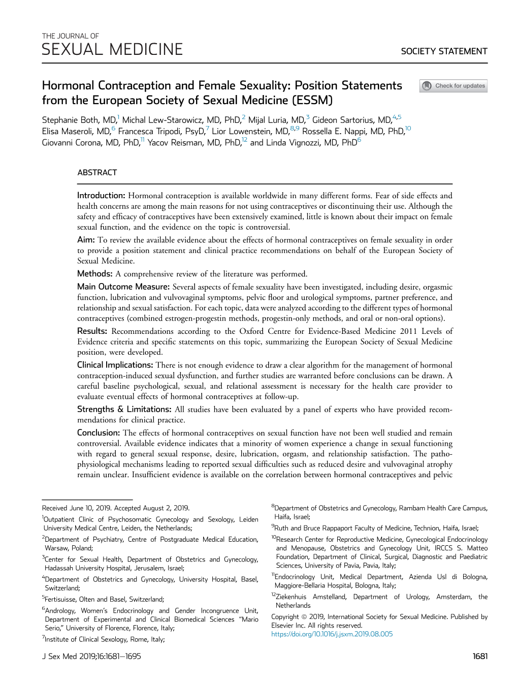 Hormonal Contraception and Female Sexuality: Position Statements from the European Society of Sexual Medicine (ESSM)