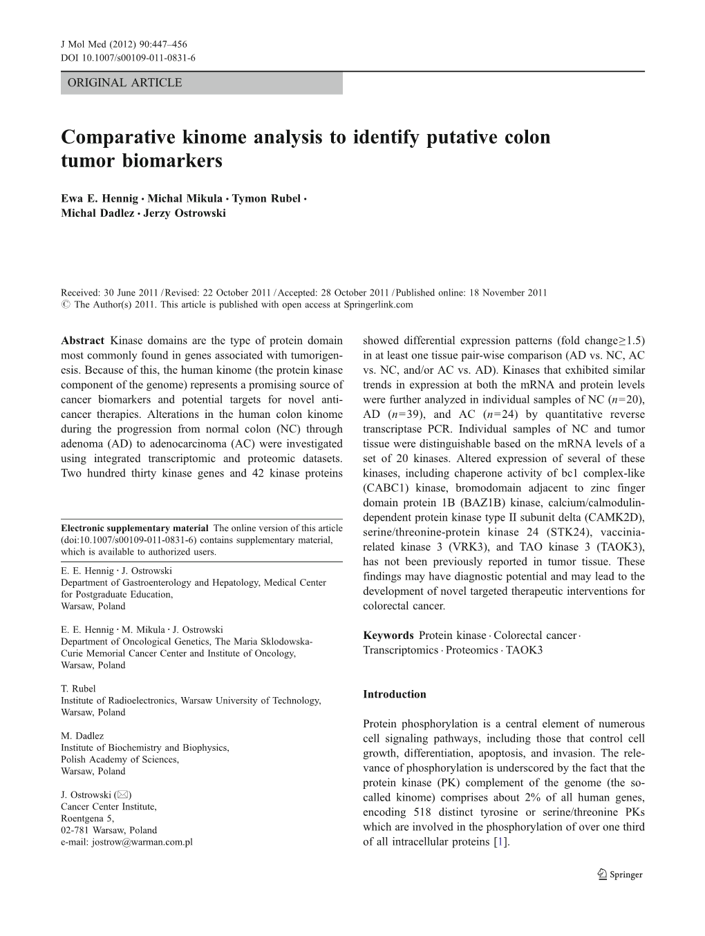 Comparative Kinome Analysis to Identify Putative Colon Tumor Biomarkers