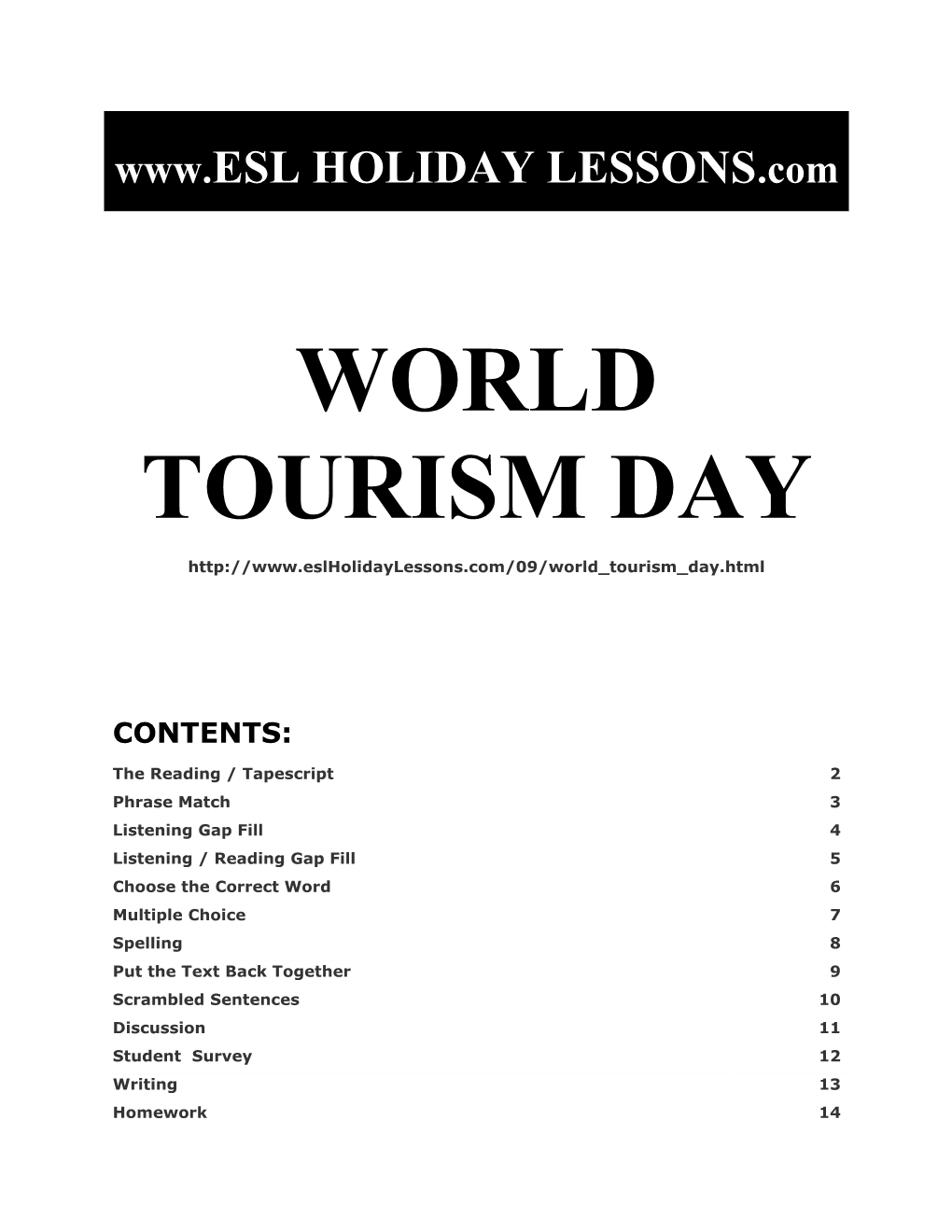 Holiday Lessons - World Tourism Day