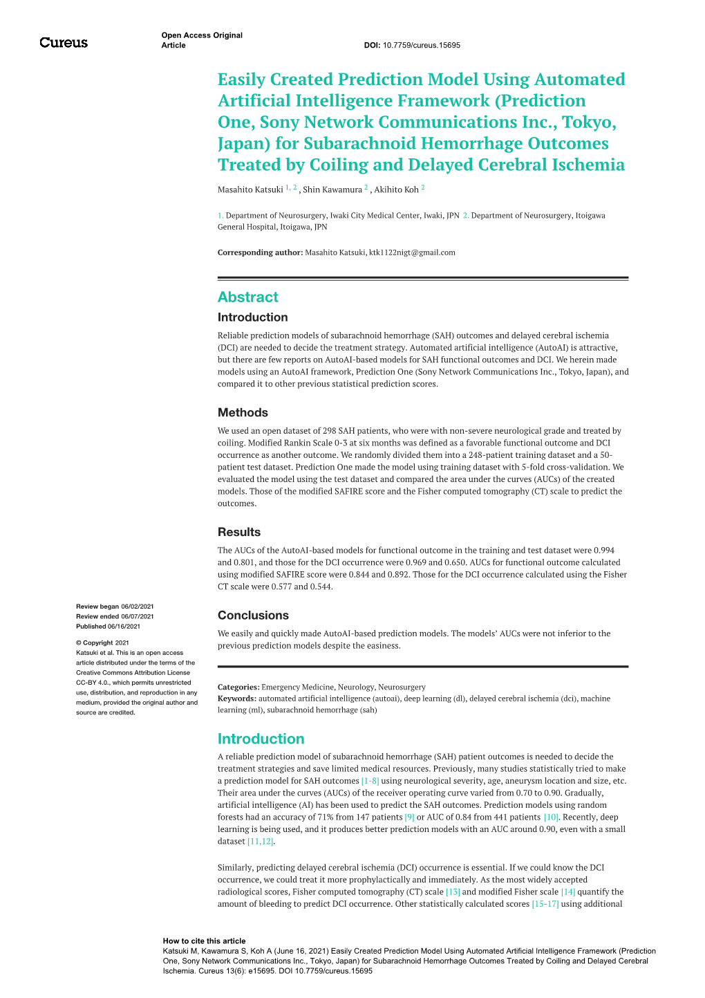 Prediction One, Sony Network Communications Inc., Tokyo, Japan) for Subarachnoid Hemorrhage Outcomes Treated by Coiling and Delayed Cerebral Ischemia