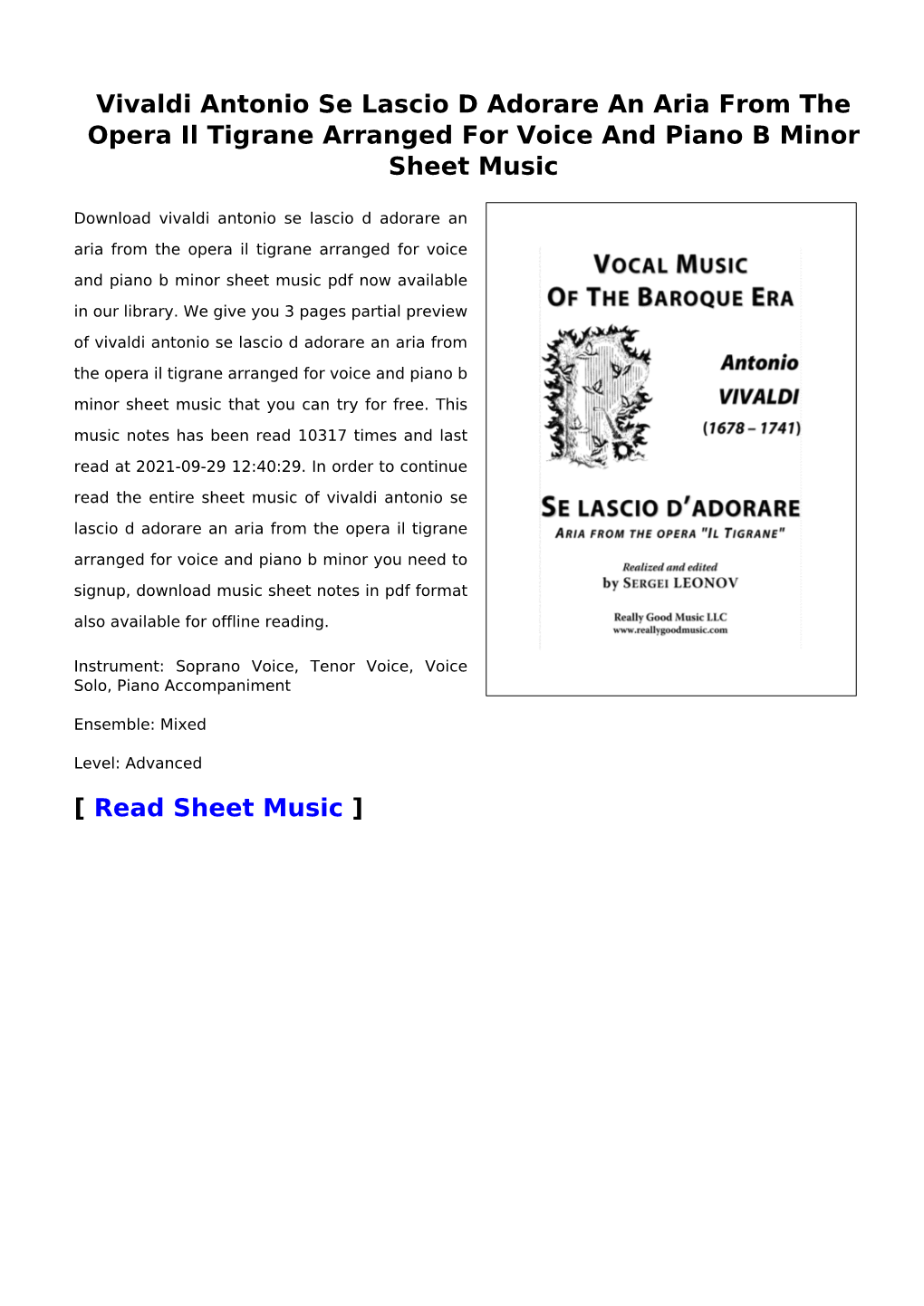 Vivaldi Antonio Se Lascio D Adorare an Aria from the Opera Il Tigrane Arranged for Voice and Piano B Minor Sheet Music