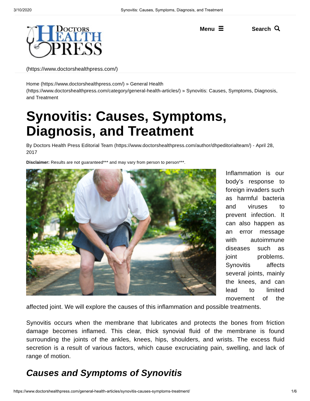 Synovitis: Causes, Symptoms, Diagnosis, and Treatment