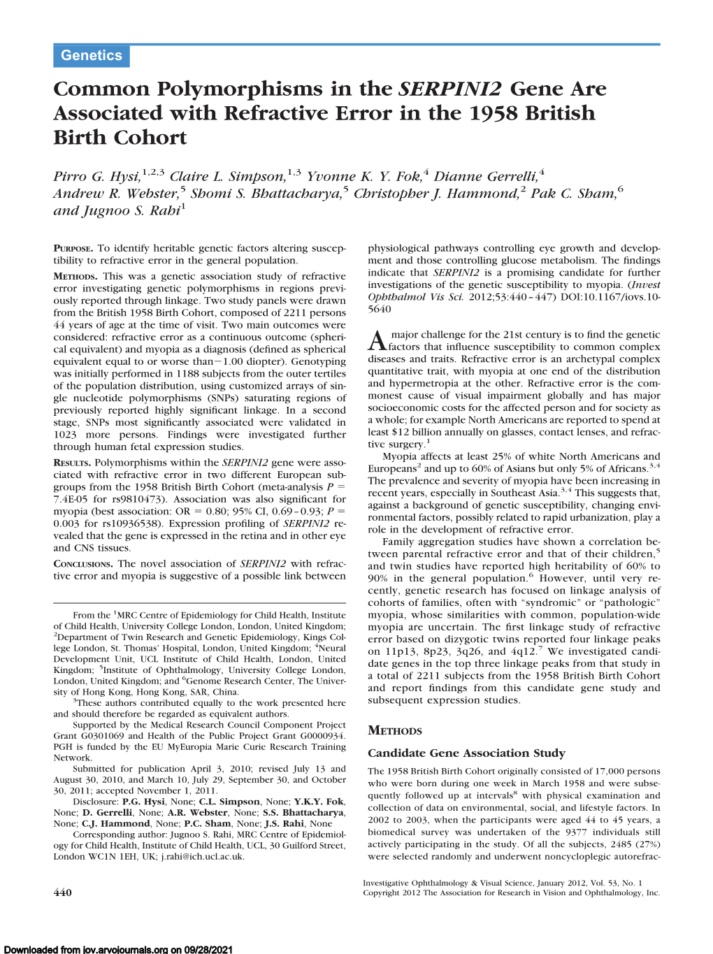 Common Polymorphisms in the SERPINI2 Gene Are Associated with Refractive Error in the 1958 British Birth Cohort