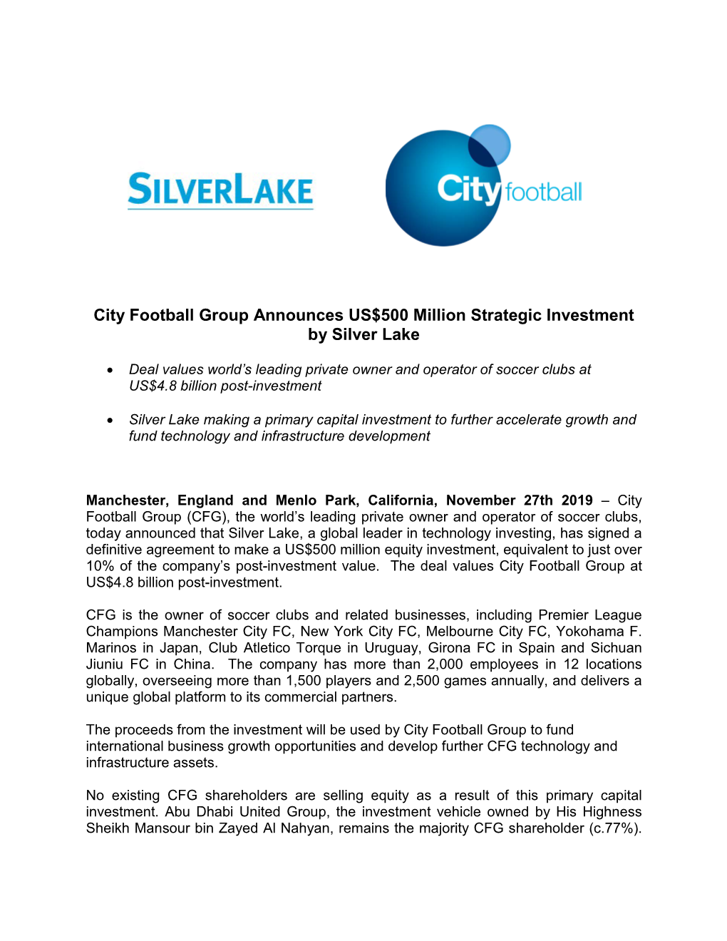 City Football Group Announces US$500 Million Strategic Investment by Silver Lake