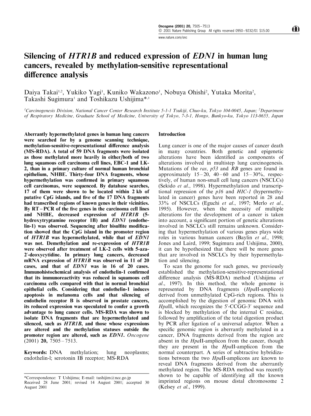 Silencing of HTR1B and Reduced Expression of EDN1 in Human Lung Cancers, Revealed by Methylation-Sensitive Representational Di€Erence Analysis