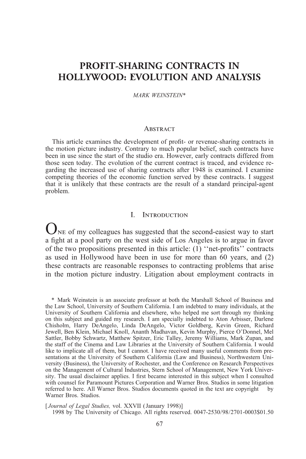 Profit-Sharing Contracts in Hollywood: Evolution and Analysis