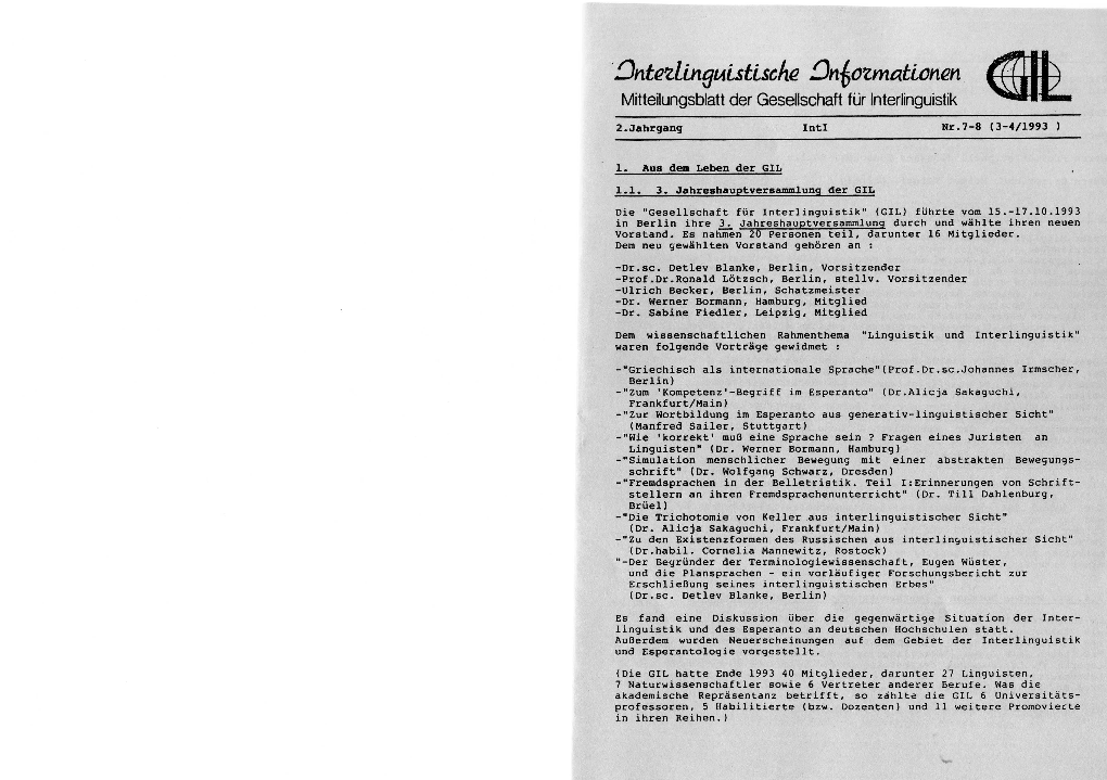 2Ntezlinguistische 2N6ozrnati,Onen Mitteilungsblatt Der Gesellschaft Für Interlinguistik � 2.Jahrgang� Inti Nr.7-8 (3-4/1993 )