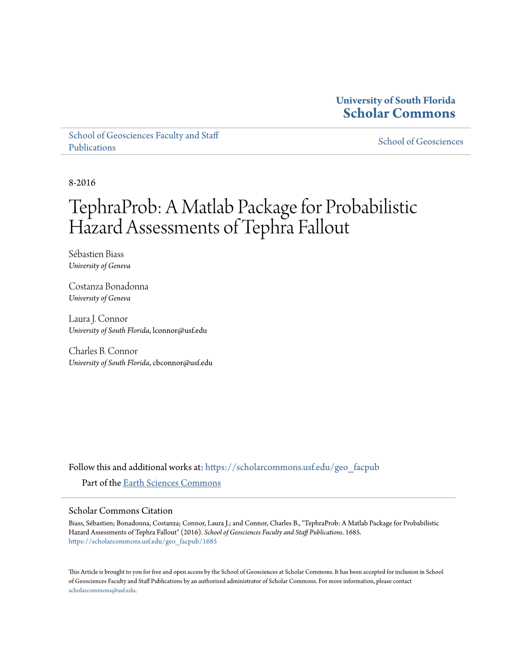 A Matlab Package for Probabilistic Hazard Assessments of Tephra Fallout Sébastien Biass University of Geneva