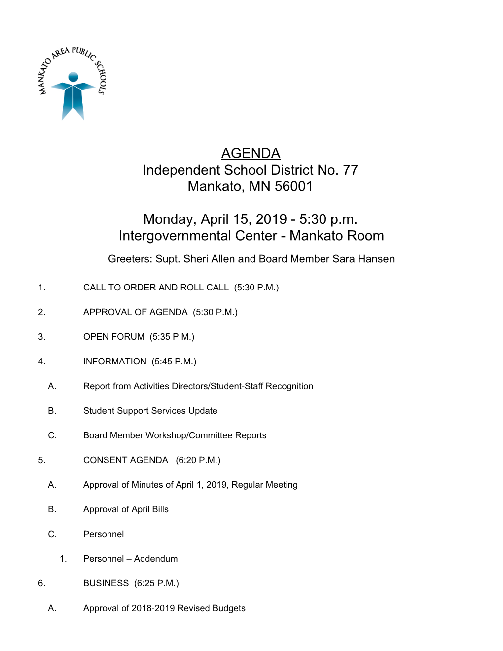 AGENDA Independent School District No. 77 Mankato, MN 56001